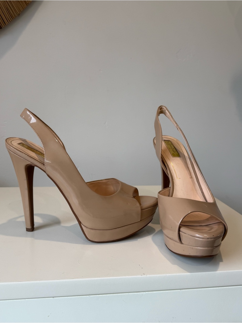 Jessica Simpson Nude Patent Peep-Toe Slingback Platform Heels